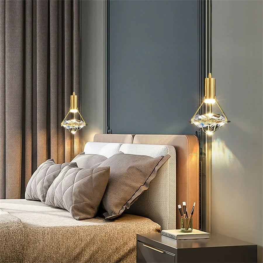 Modern bedroom with a bed, nightstand, and decorative wall lights.