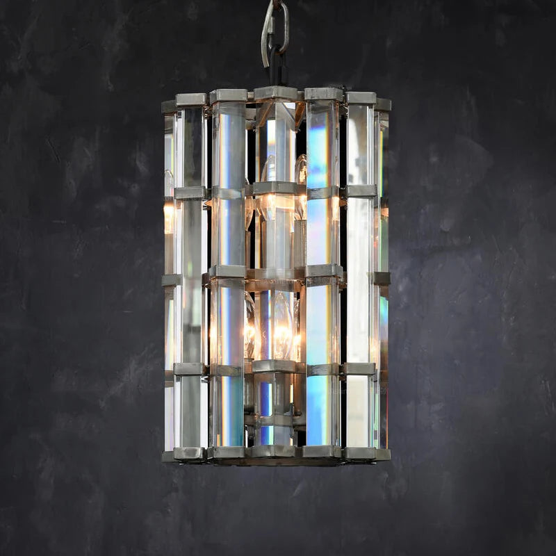 Silver framed pendant light with faceted crystals