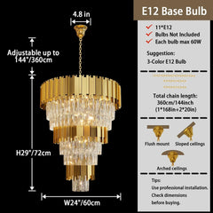 Gold chandelier with dimensions and bulb information on a black background