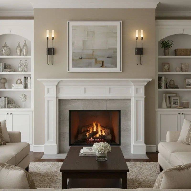 Two gold metal wall sconces with curved arms and frosted acrylic shades flank a fireplace, providing ambient light.