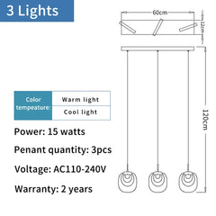 Technical drawing of a pendant light fixture with dimensions, power details, and color temperature options.