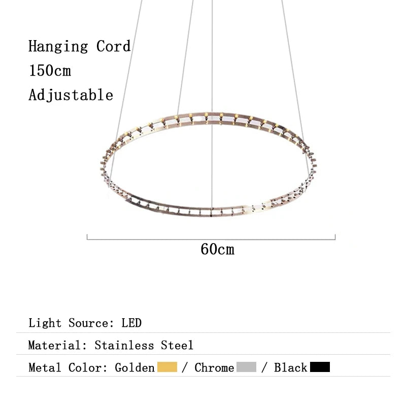 Circular pendant light with dimensions and material details on a white background