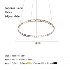 Circular pendant light with dimensions and material details on a white background