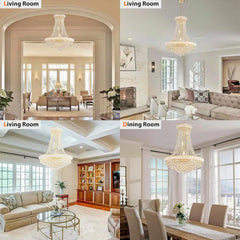 Collage of chandelier images in living room and dining room settings.