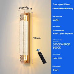 Wall-mounted light fixture with remote control, dimensions, and technical specifications on a blue background.