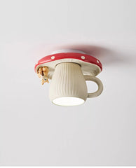 Red White Ceramic Mushroom Flush Mount Light with Squirrel Accent