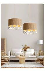 Jute Drum Pendant Light with Natural Wood Beads Accent