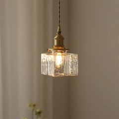 Brass Square Pendant Light with Textured Amber Glass Shade
