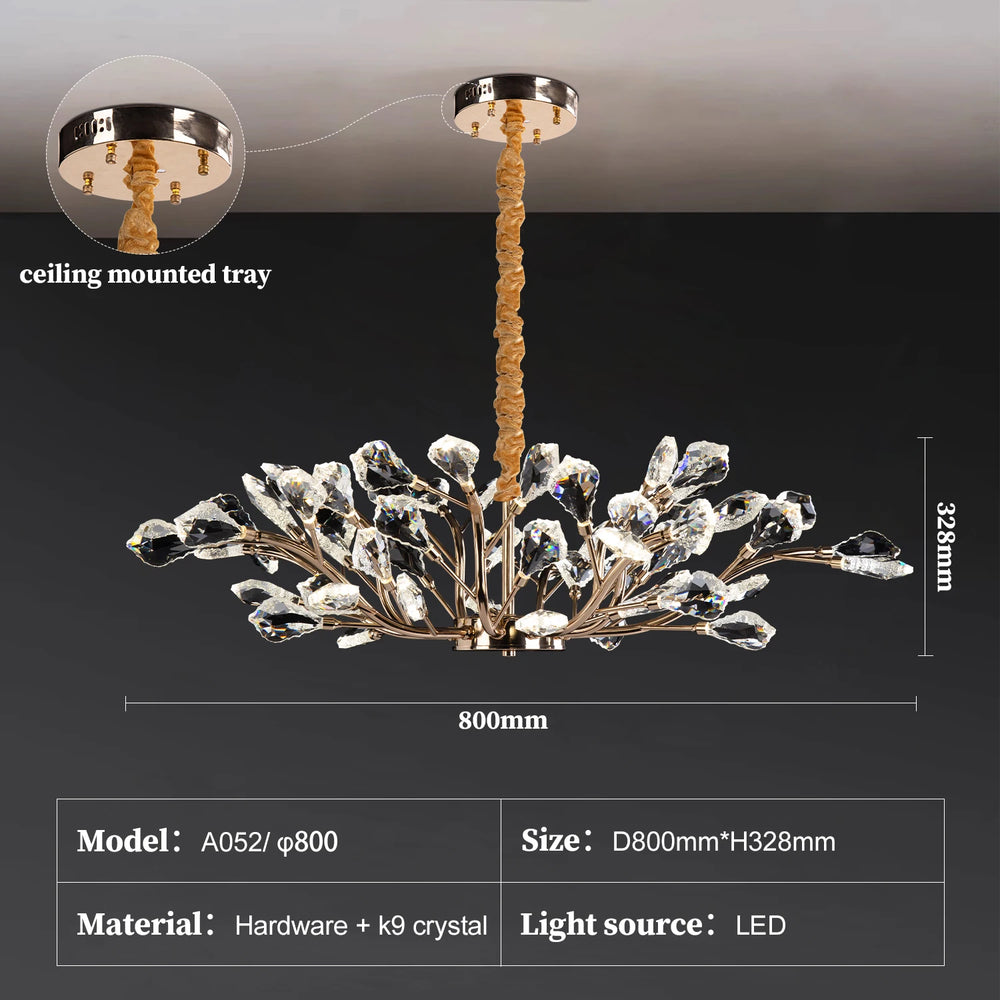 Chandelier with dimensions and specifications on a dark background