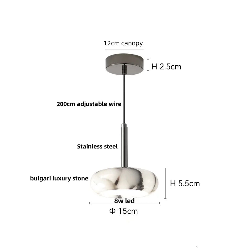 Measurement chart of a pendant light with labeled dimensions on a white background