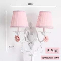 White Metal Rose Sconce with Pink Pleated Shades and Crystal Drop