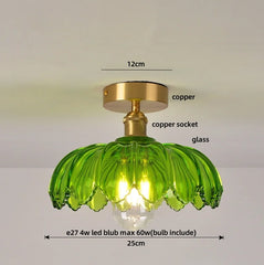 Green ceiling light fixture with measurements and component labels on a neutral background