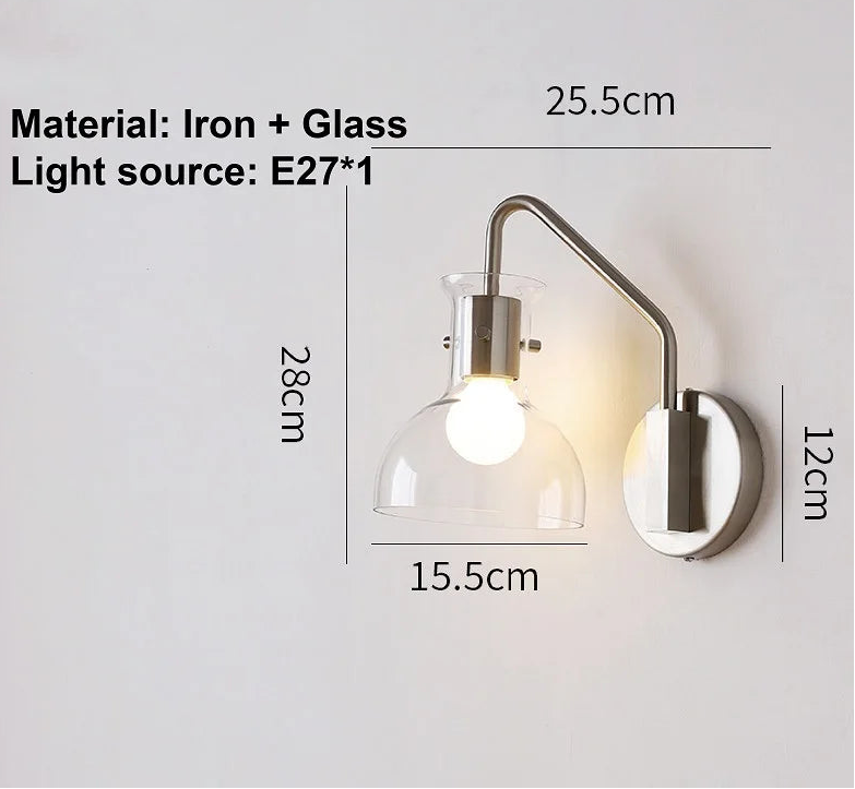 Wall-mounted lamp with dimensions and material details on a light gray background