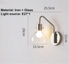 Wall-mounted lamp with dimensions and material details on a light gray background