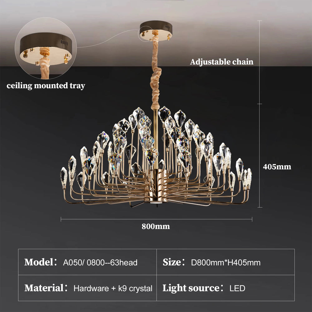 Chandelier with labeled parts and dimensions on a dark background