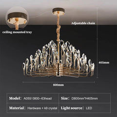 Chandelier with labeled parts and dimensions on a dark background