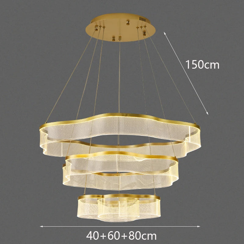 Gold chandelier with dimensions on a dark background
