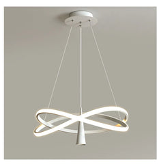 Modern pendant light with white circular design on a gray background