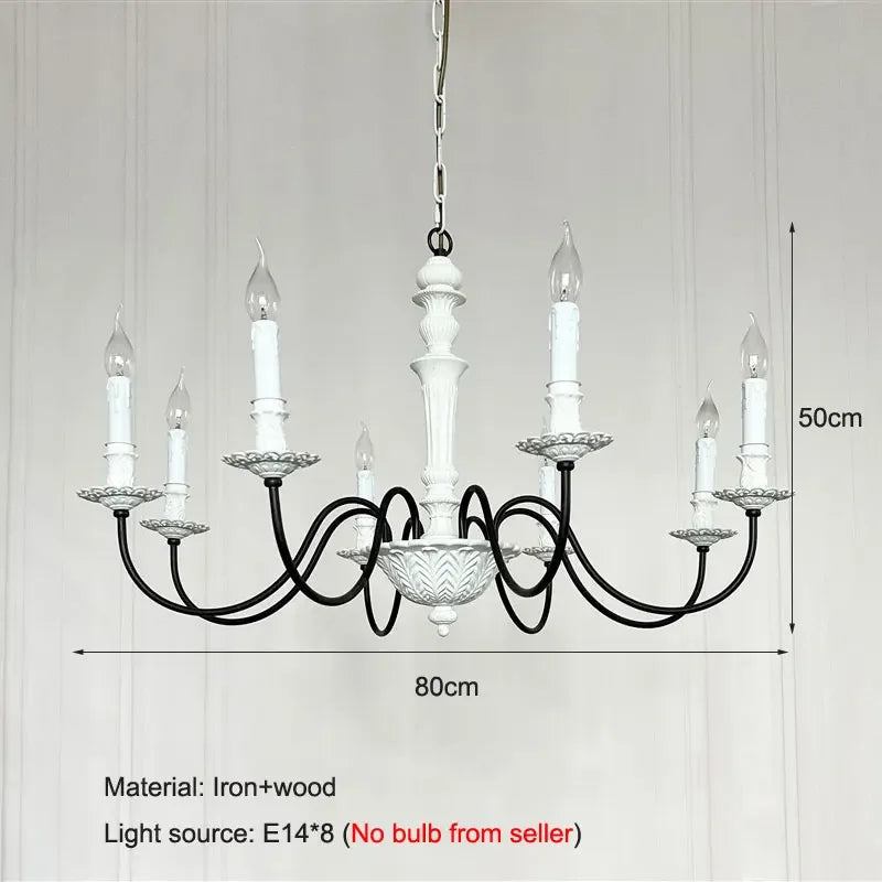 A white candelabra style chandelier with dimensions indicated (80cm width, 50cm height) and specifications for material and bulb type.