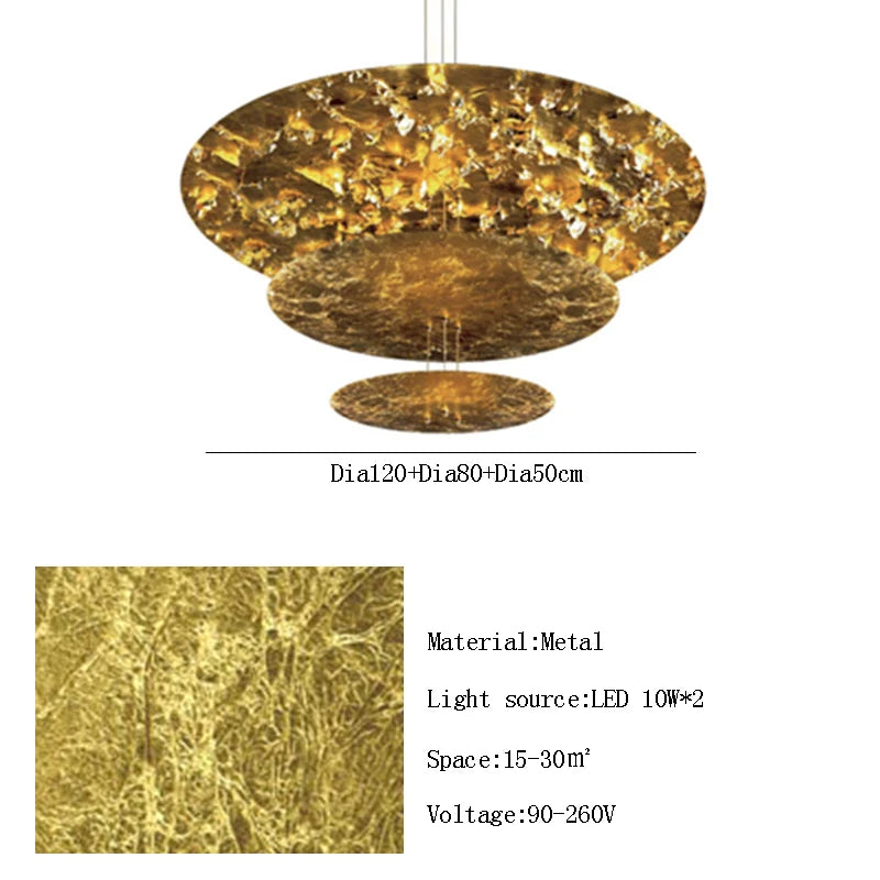 Gold pendant light with specifications on a white background