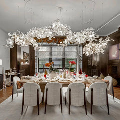 Gold Metal Ginkgo Leaf Pendant Chandelier with White Ceramic Flowers