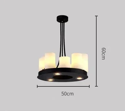 Modern pendant light with dimensions on a gray background