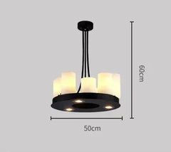 Modern pendant light with dimensions on a gray background