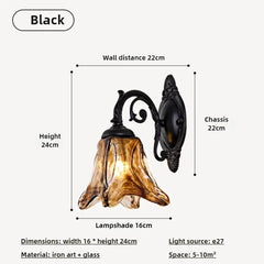 Bronze Bell Glass Wall Sconce with Amber Hue and Scroll Arm