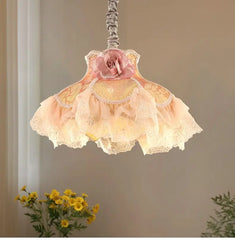 Pink Fabric Rose Flower Dress Pendant Light with Lace Ruffles