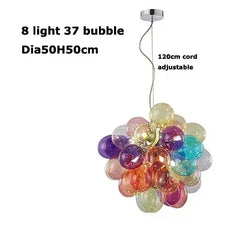 Colorful bubble chandelier with 8 lights, diameter 50cm, height 50cm, adjustable cord on a white background.