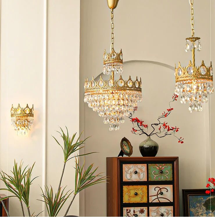 Decorative chandelier with crystal accents in a room setting.