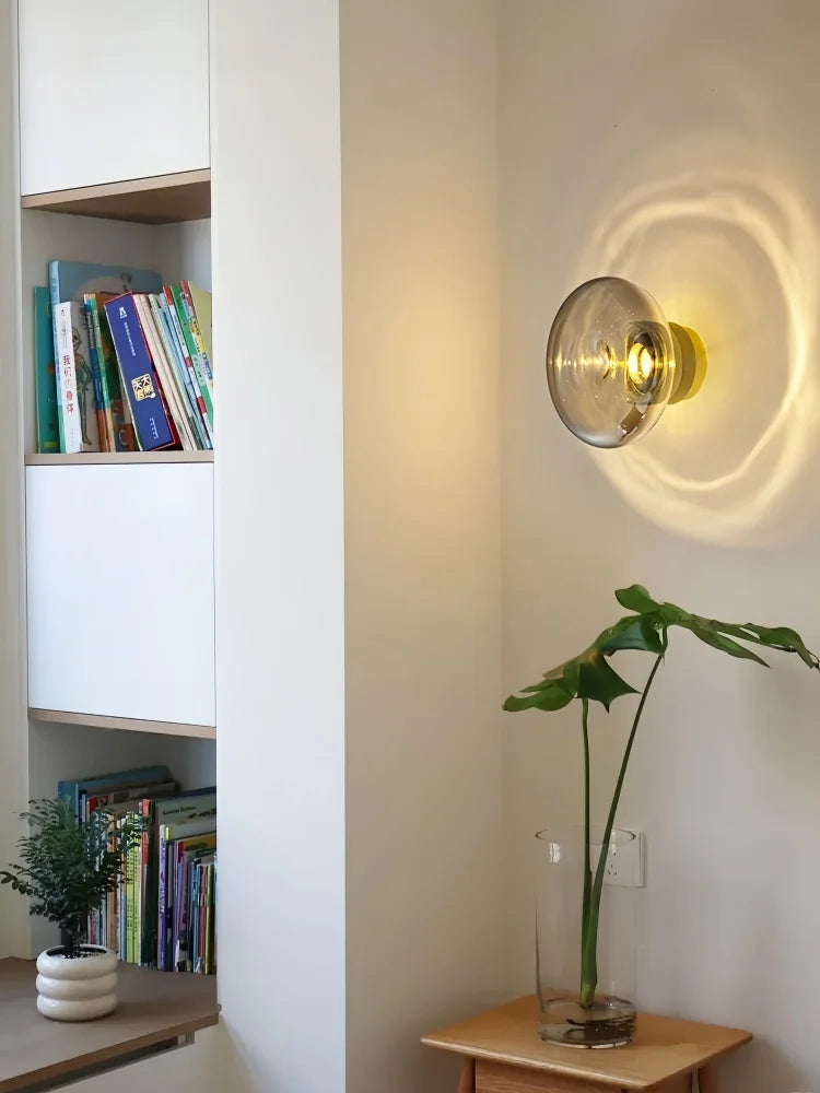 A modern wall sconce with a smoky gray glass diffuser mounted on a white wall next to a bookshelf and a potted plant.