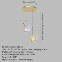 Chandelier with swan design and measurement details on a gray background