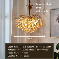 Chandelier with crystal details and measurement information on a neutral background