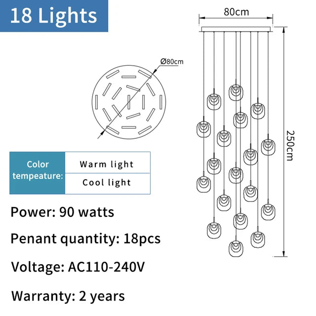 Light fixture with dimensions, light types, power, voltage, and warranty information on a white background.