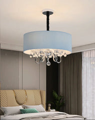 Blue Fabric Drum Pendant Light with Crystal Accents