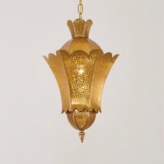 Gold Finish Metal Lantern Hanging Pendant Light with Floral Cutouts