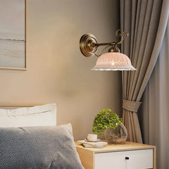 Gold Metal Floral Ceramic Wall Sconce Light with Frosted Bell Shade
