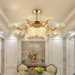 Gold Floral Fan Light with Clear Petal Shades and Rose Accents