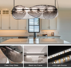 Modern pendant light fixture in a kitchen setting with close-up details.