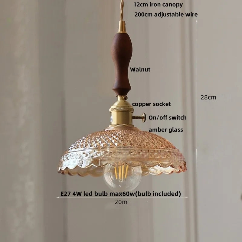 Pendant light fixture with detailed measurements and features on a neutral background