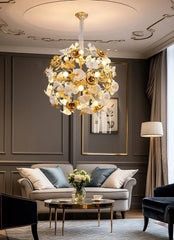 Gold Floral Ceramic Lily Chandelier with Crystal Accents