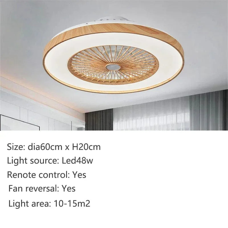 Ceiling fan with light fixture on a ceiling, featuring wooden design and LED lighting.