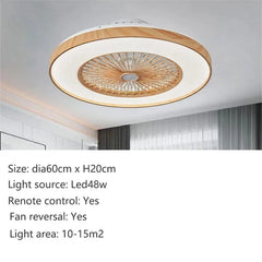 Ceiling fan with light fixture on a ceiling, featuring wooden design and LED lighting.