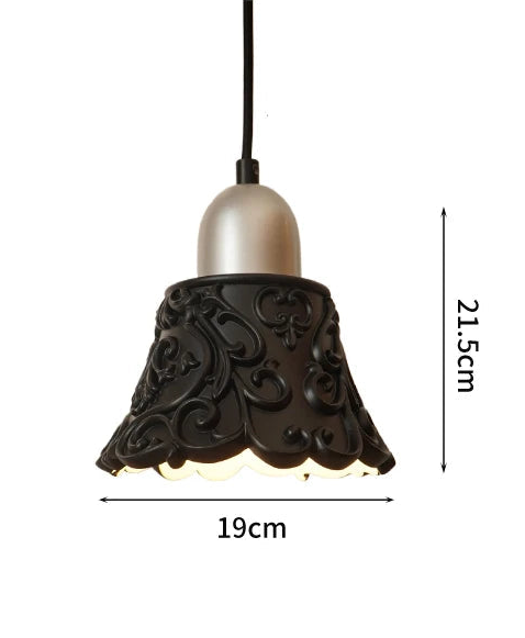 Decorative pendant light with specifications on a white background