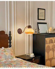 Wood and Brass Arm Wall Sconce with Frosted Glass Shade