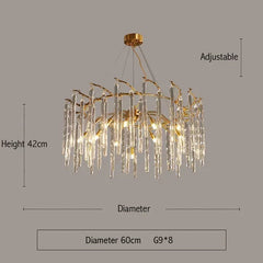 Chandelier with dimensions on a gray background