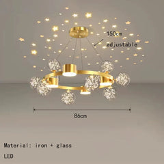 Modern Gold Ring Chandelier with Starburst Crystal Globe Shades