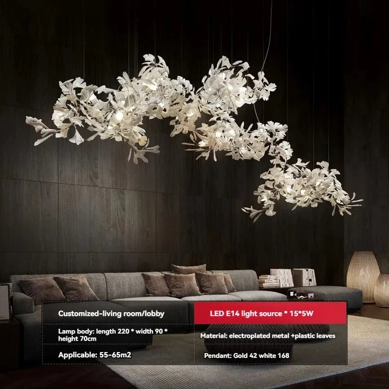 Modern chandelier hanging above a living room with detailed specifications.