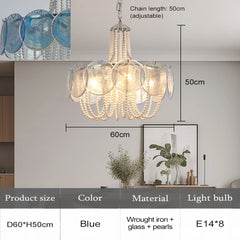 Gold Glass Beaded Chandelier with Pearl Strings Pendant Light